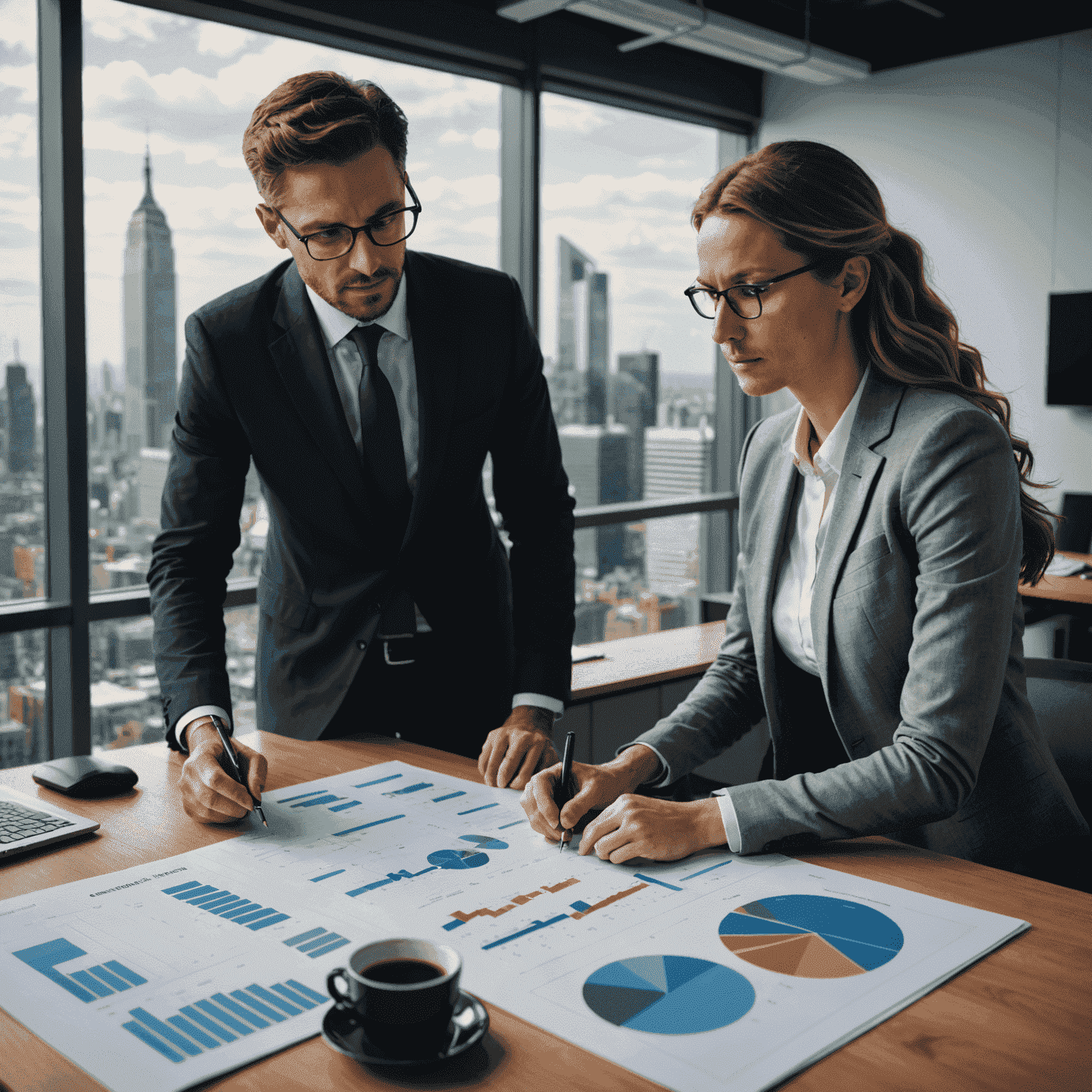 Imagen de un consultor trabajando con un emprendedor, analizando gráficos y estrategias de negocio en una oficina moderna con vista a la ciudad