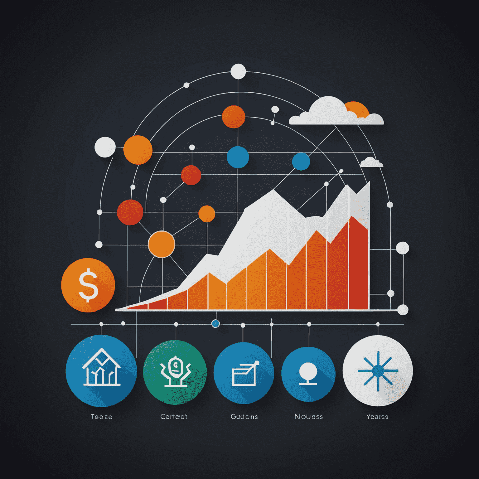 Imagen que muestra un gráfico ascendente de ingresos y cinco iconos representando diferentes estrategias de negocio