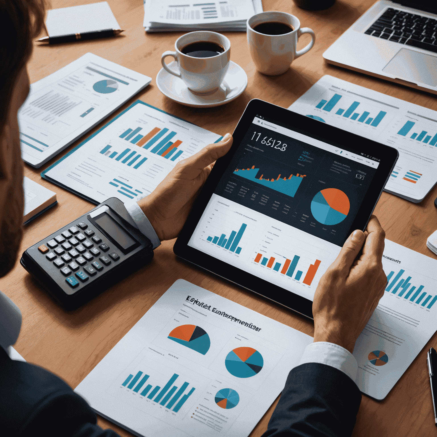 Emprendedor analizando gráficos financieros en una tableta, rodeado de documentos y una calculadora