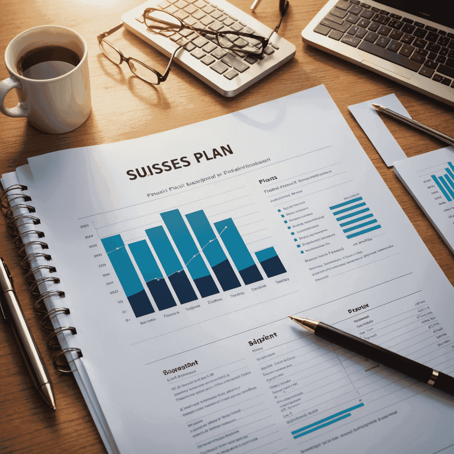 Imagen de un documento de plan de negocios con gráficos y tablas financieras