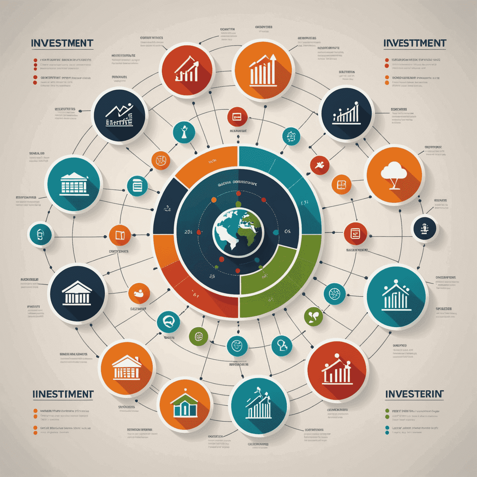 Gráfico de inversiones mostrando diversificación y crecimiento, con iconos de diferentes sectores empresariales