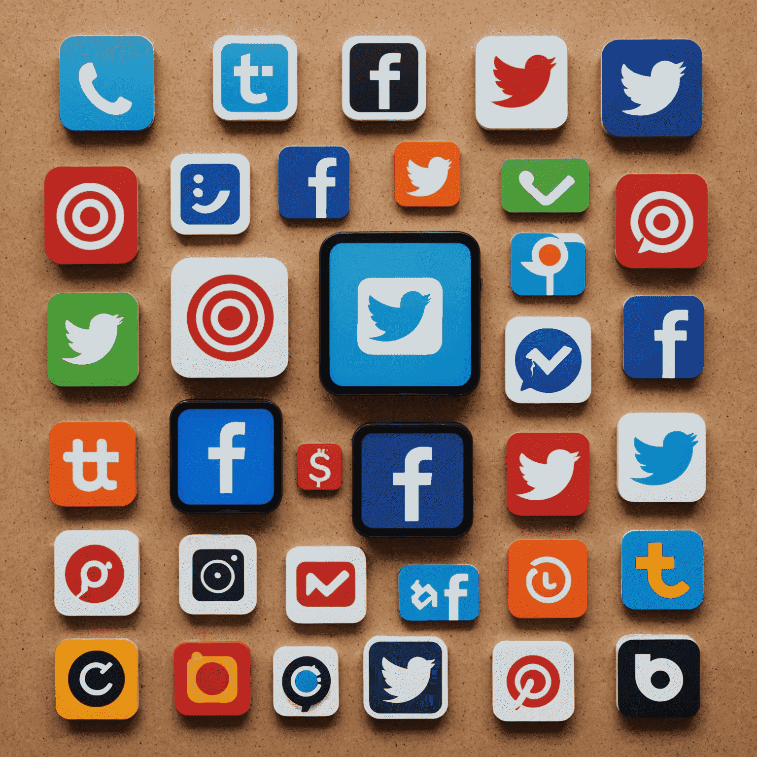 Collage de iconos de redes sociales y herramientas de marketing digital