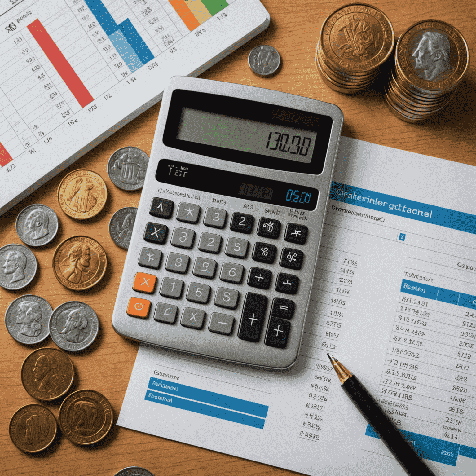 Imagen de una calculadora, gráficos financieros y monedas, representando la gestión financiera eficiente